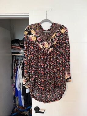 Free People Black Multi Floral V-Neck Tunic